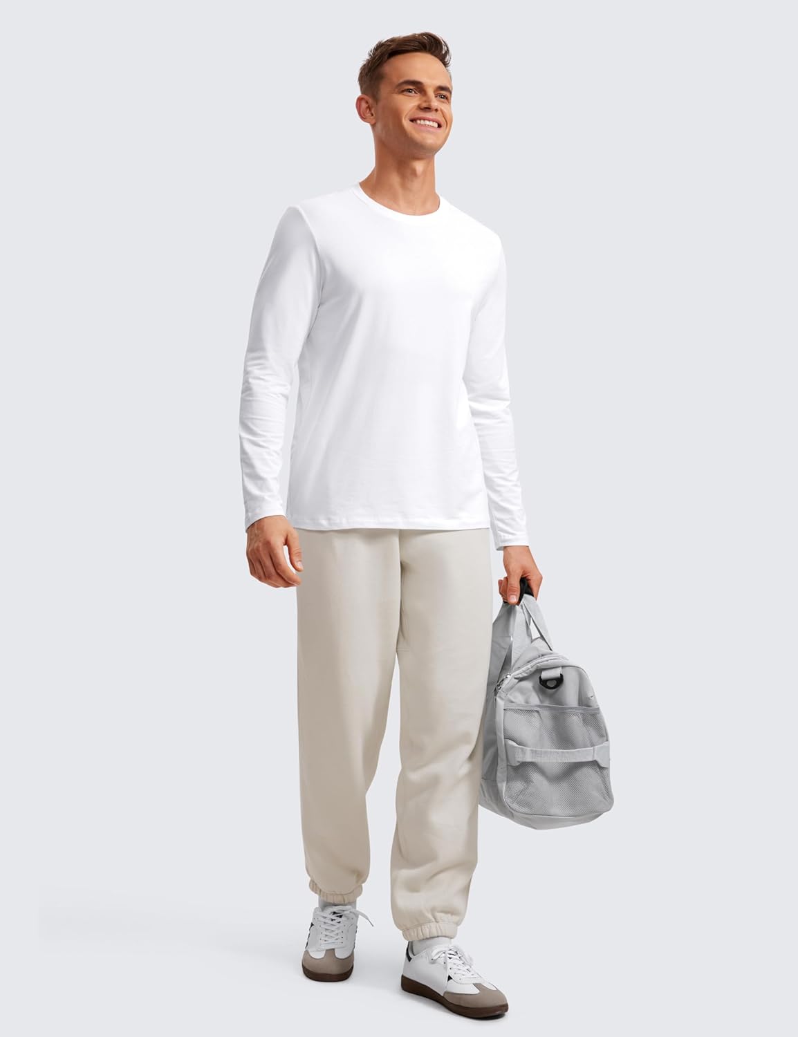 CRZ YOGA Pima Cotton Long Sleeve Shirts for Men Crew Neck Basic Casual Shirts Breathable Workout Comfort TopsWhite