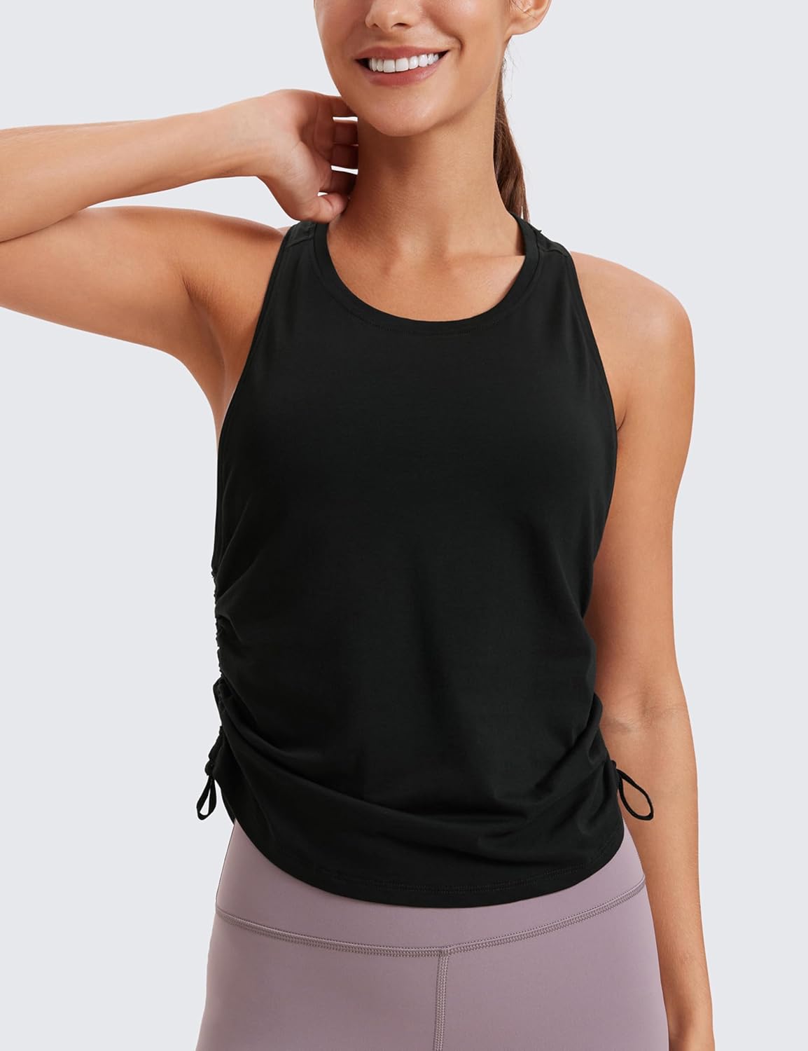 CRZ YOGA Pima Cotton Women Racerback Sleeveless Workout Tops High Neck Ruched Side Tank Top Athletic Casual Loose ShirtsBlack