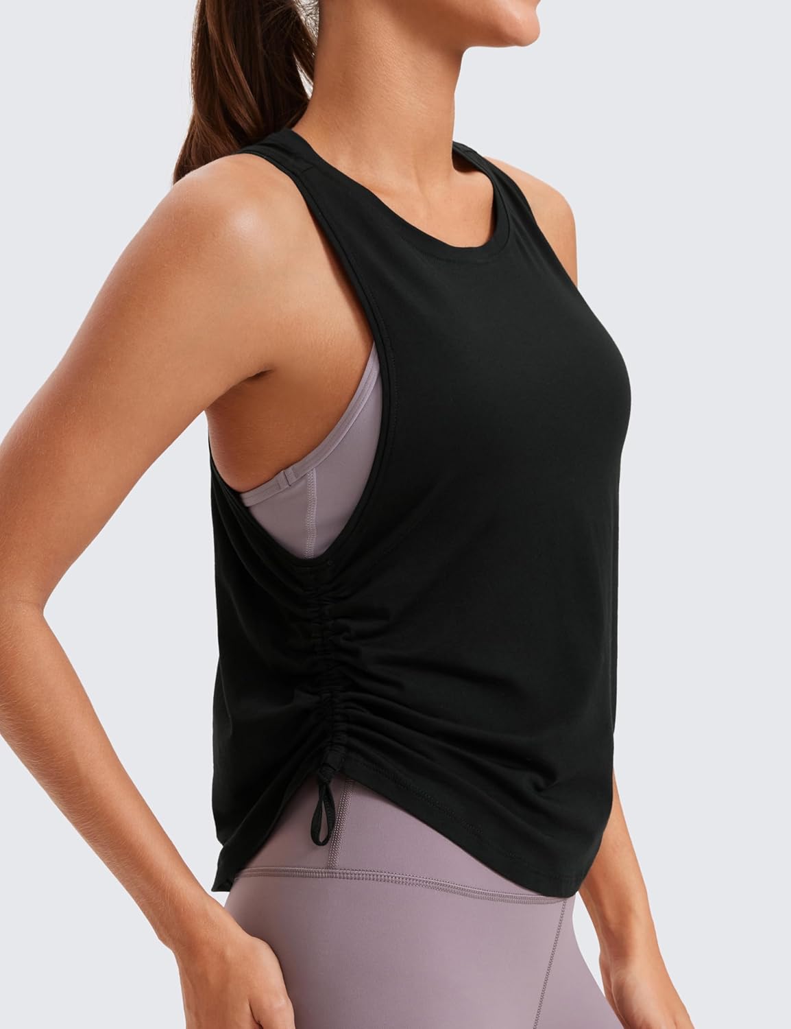 CRZ YOGA Pima Cotton Women Racerback Sleeveless Workout Tops High Neck Ruched Side Tank Top Athletic Casual Loose ShirtsBlack