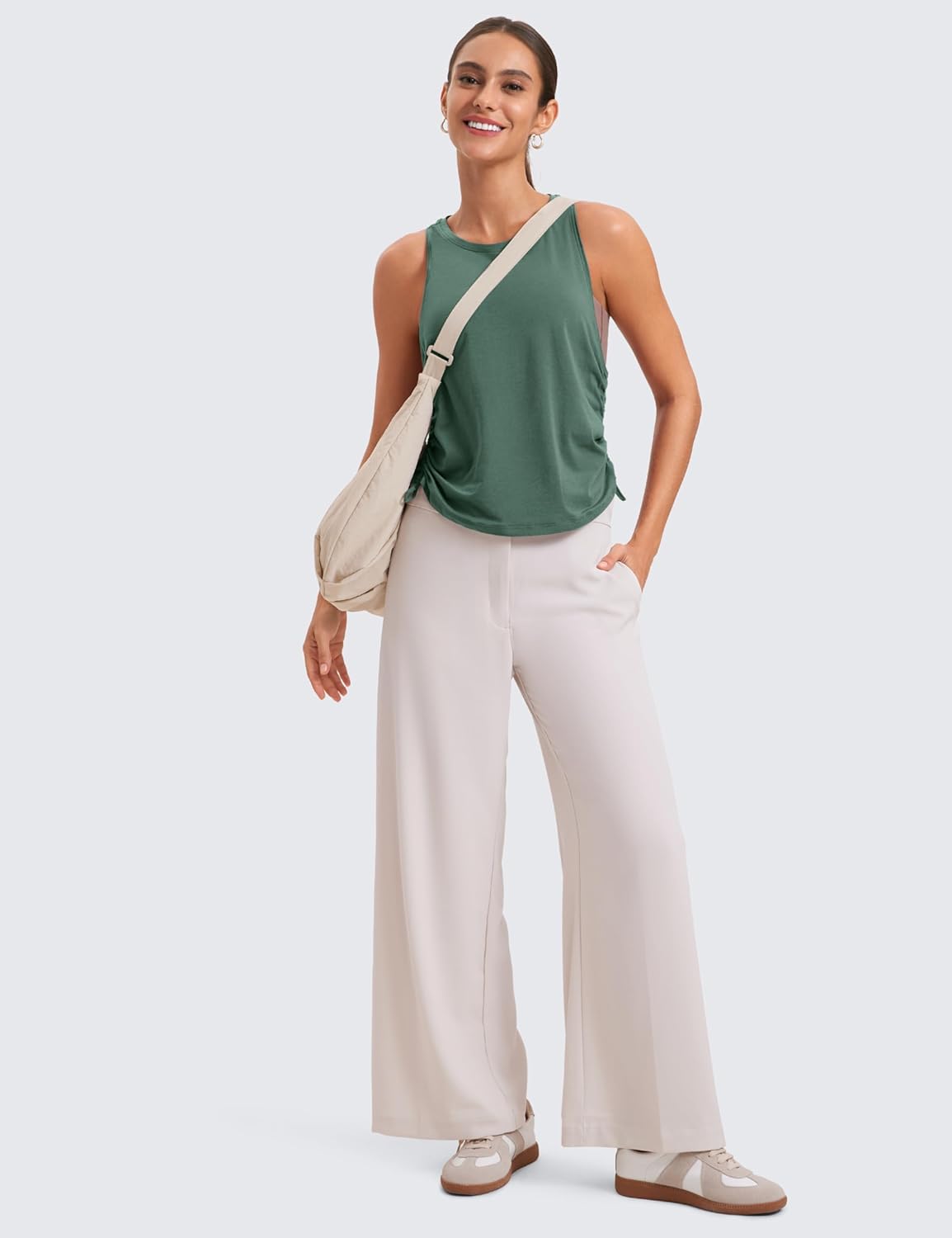 CRZ YOGA Pima Cotton Women Racerback Sleeveless Workout Tops High Neck Ruched Side Tank Top Athletic Casual Loose ShirtsGraphite Green