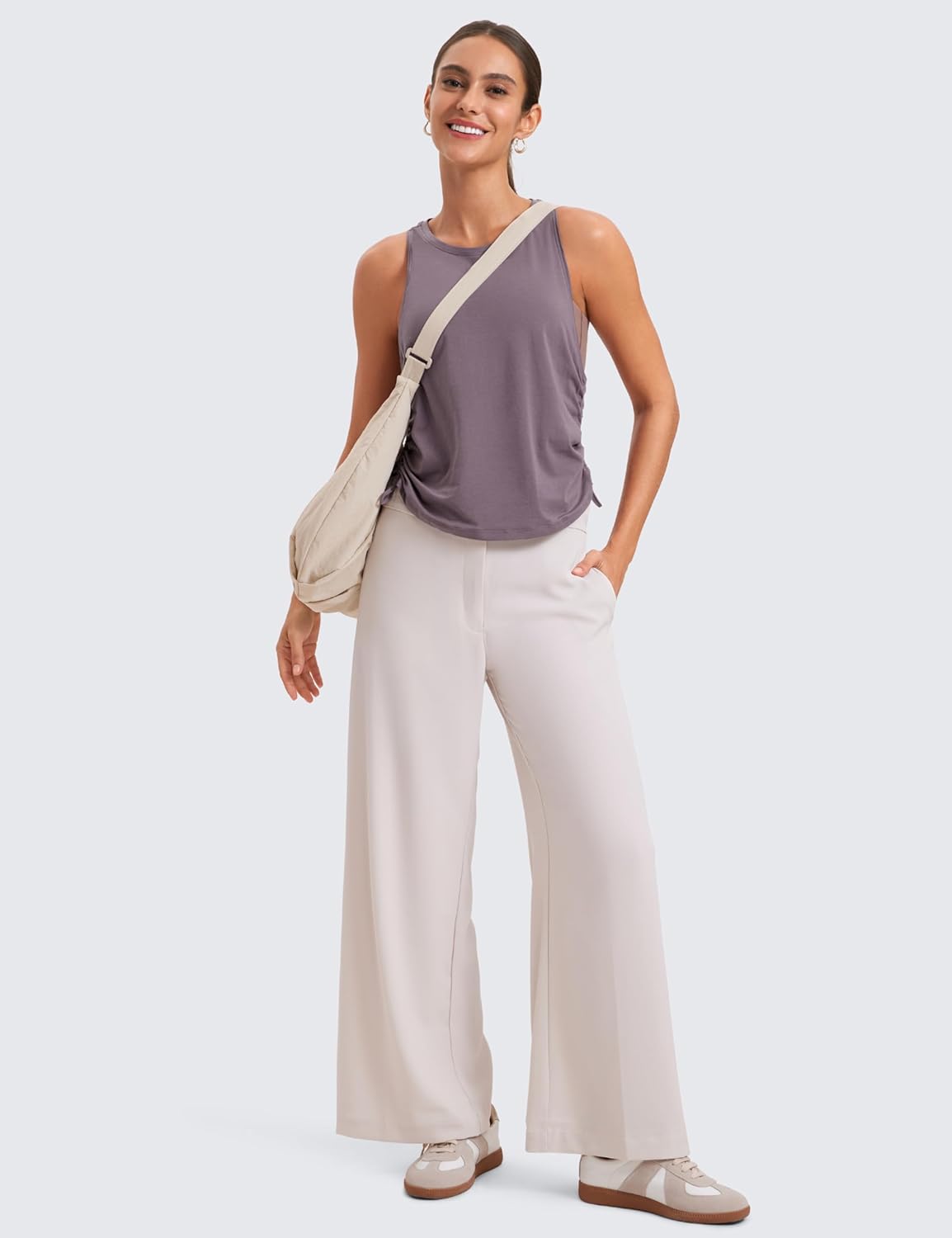 CRZ YOGA Pima Cotton Women Racerback Sleeveless Workout Tops High Neck Ruched Side Tank Top Athletic Casual Loose ShirtsPurple Gray