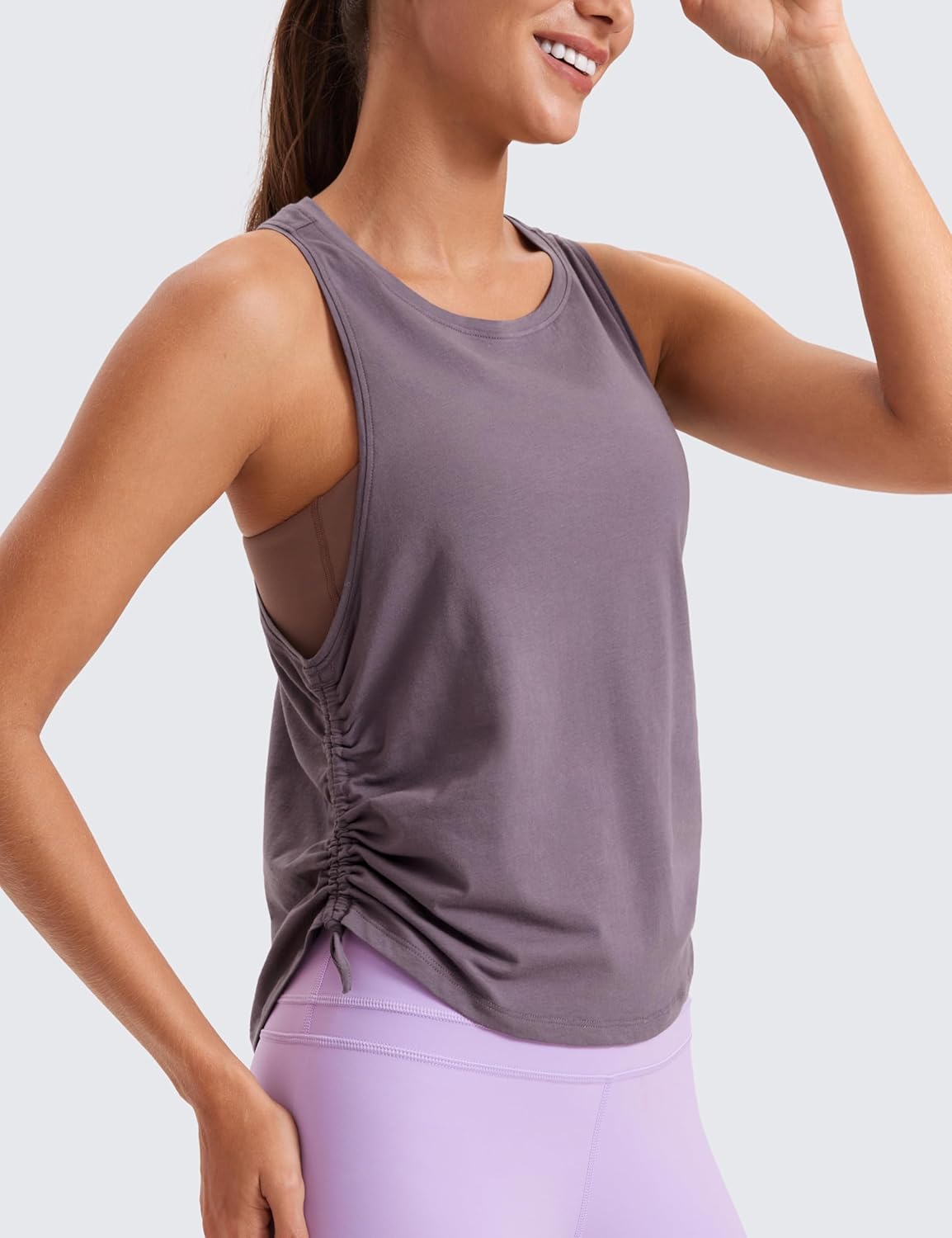 CRZ YOGA Pima Cotton Women Racerback Sleeveless Workout Tops High Neck Ruched Side Tank Top Athletic Casual Loose ShirtsPurple Gray