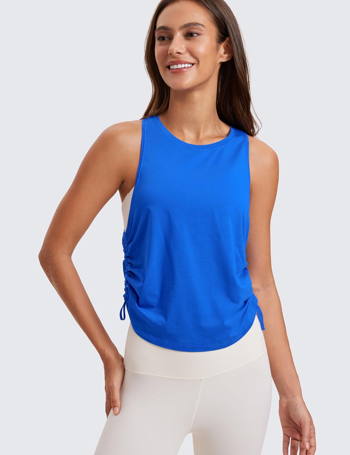 CRZ YOGA Pima Cotton Women Racerback Sleeveless Workout Tops High Neck Ruched Side Tank Top Athletic Casual Loose ShirtsStrong Blue
