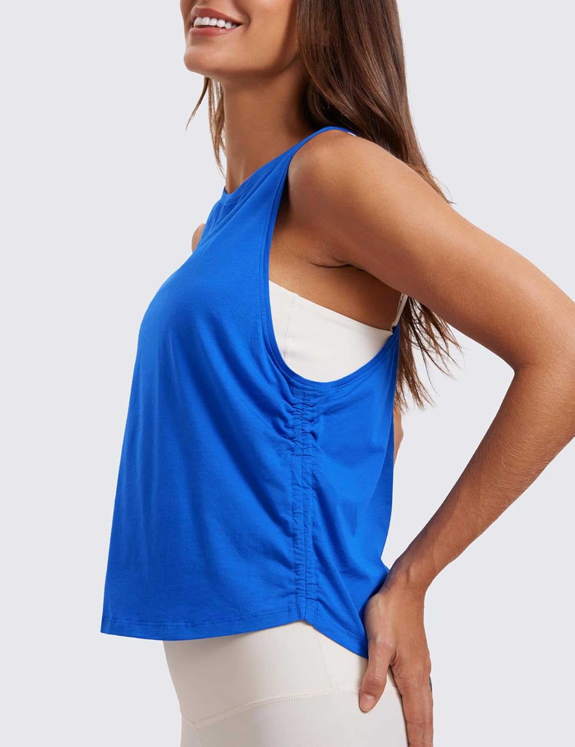 CRZ YOGA Pima Cotton Women Racerback Sleeveless Workout Tops High Neck Ruched Side Tank Top Athletic Casual Loose ShirtsStrong Blue