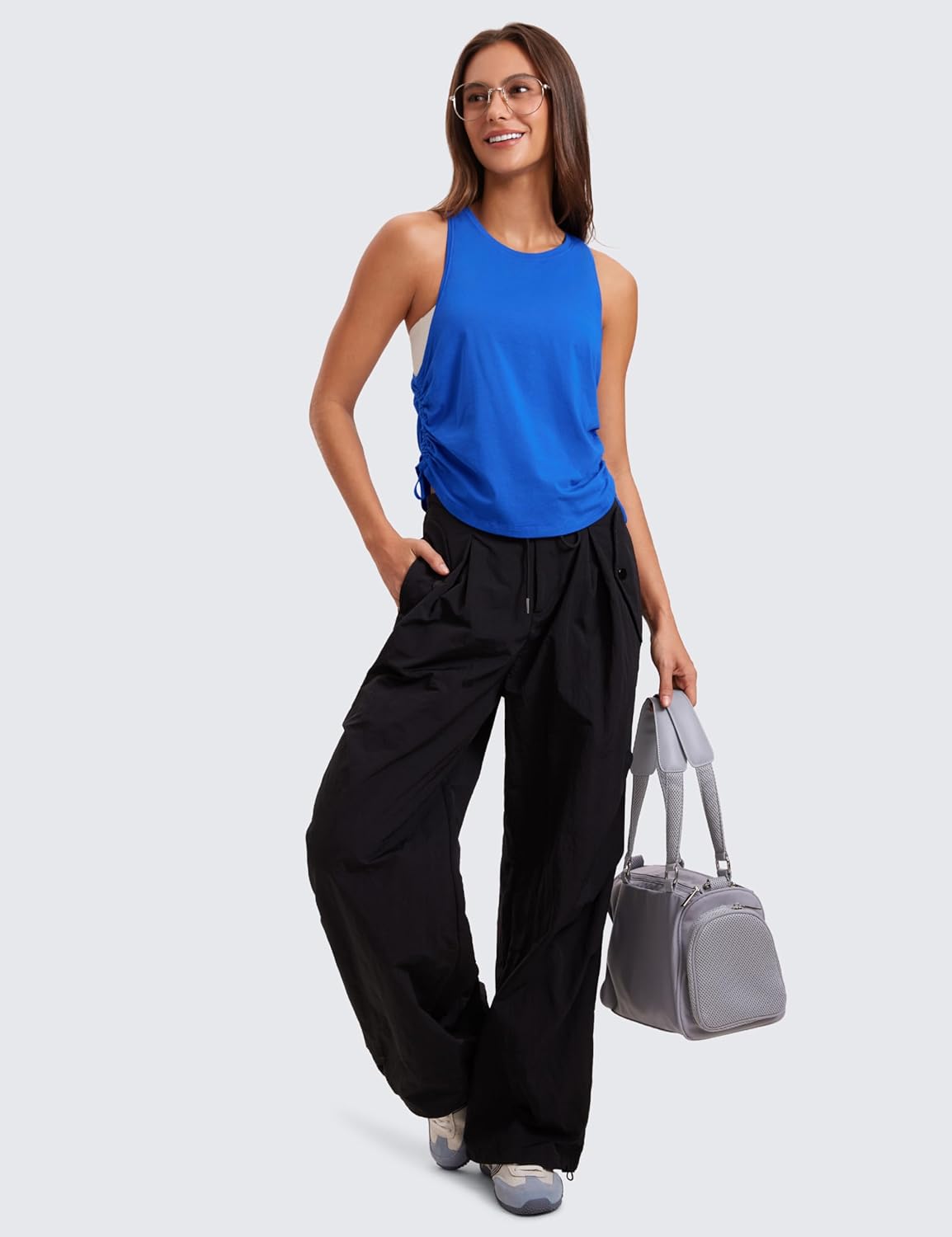 CRZ YOGA Pima Cotton Women Racerback Sleeveless Workout Tops High Neck Ruched Side Tank Top Athletic Casual Loose ShirtsStrong Blue
