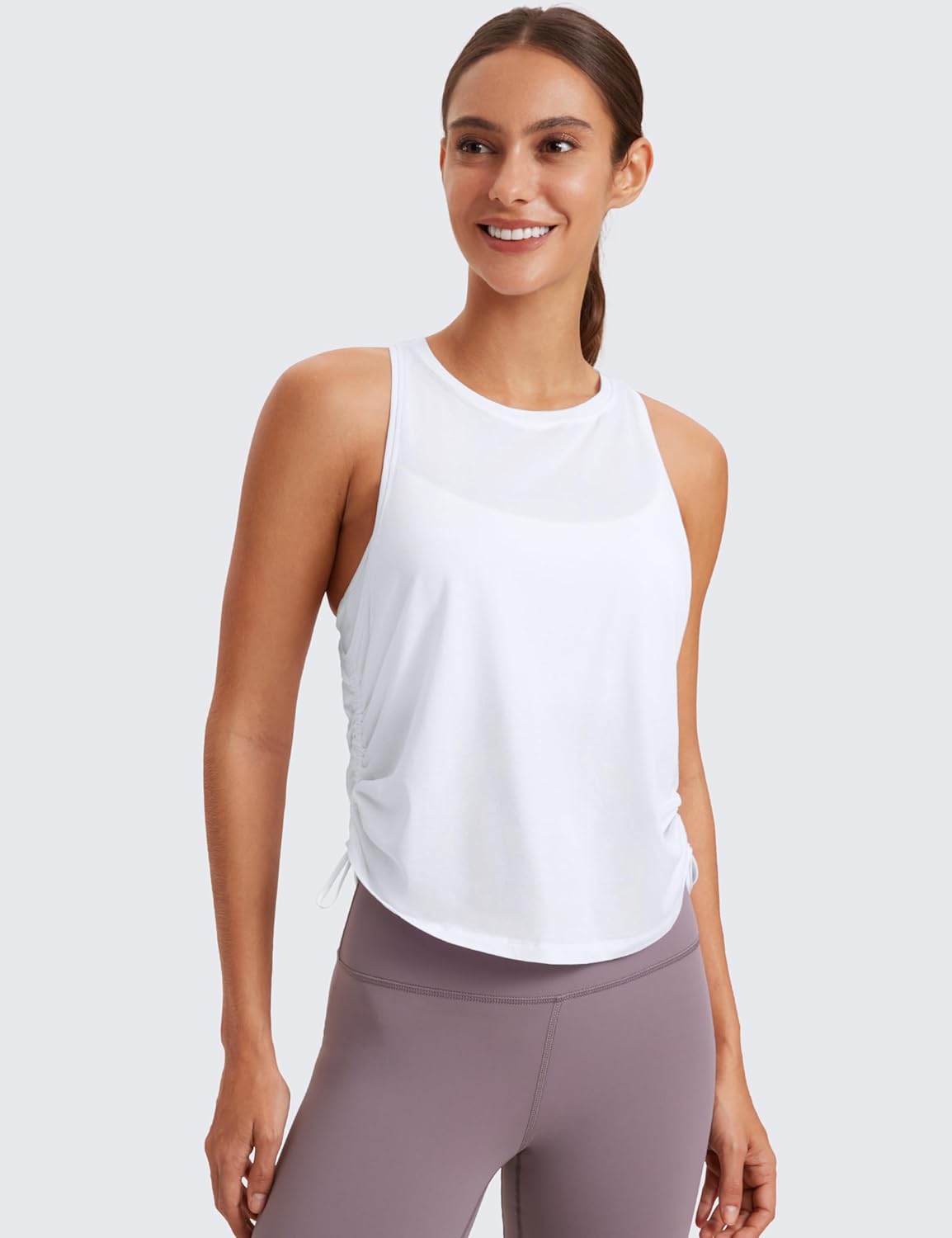CRZ YOGA Pima Cotton Women Racerback Sleeveless Workout Tops High Neck Ruched Side Tank Top Athletic Casual Loose ShirtsWhite