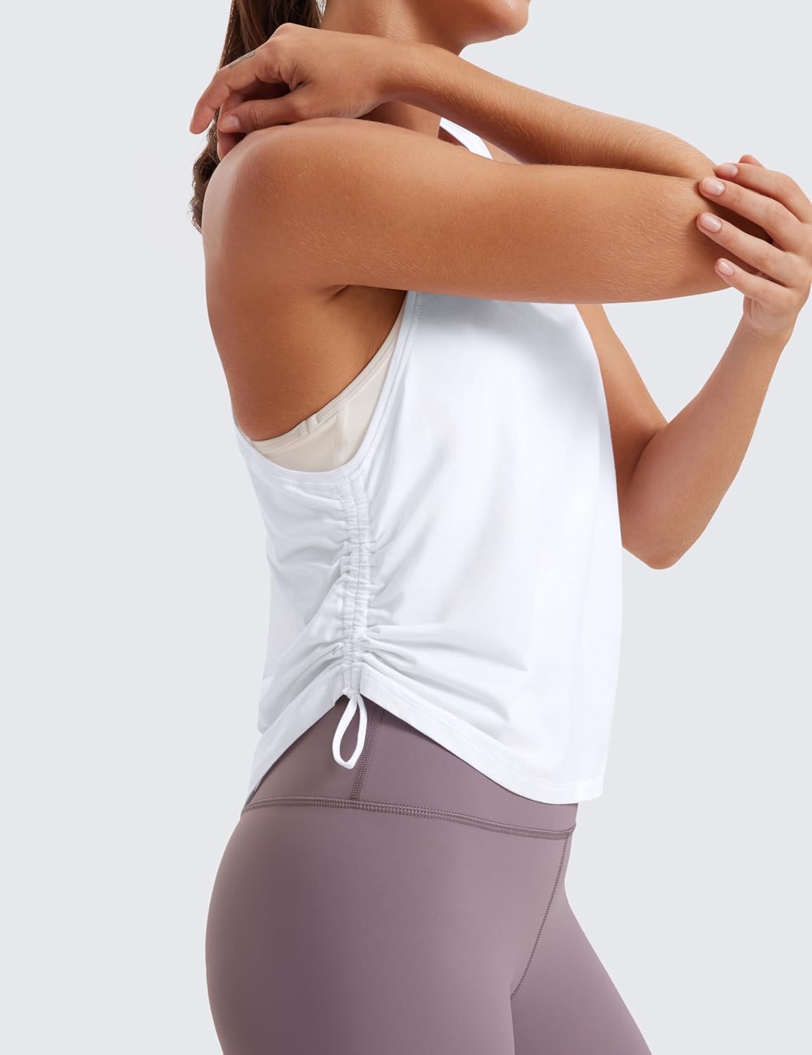 CRZ YOGA Pima Cotton Women Racerback Sleeveless Workout Tops High Neck Ruched Side Tank Top Athletic Casual Loose ShirtsWhite