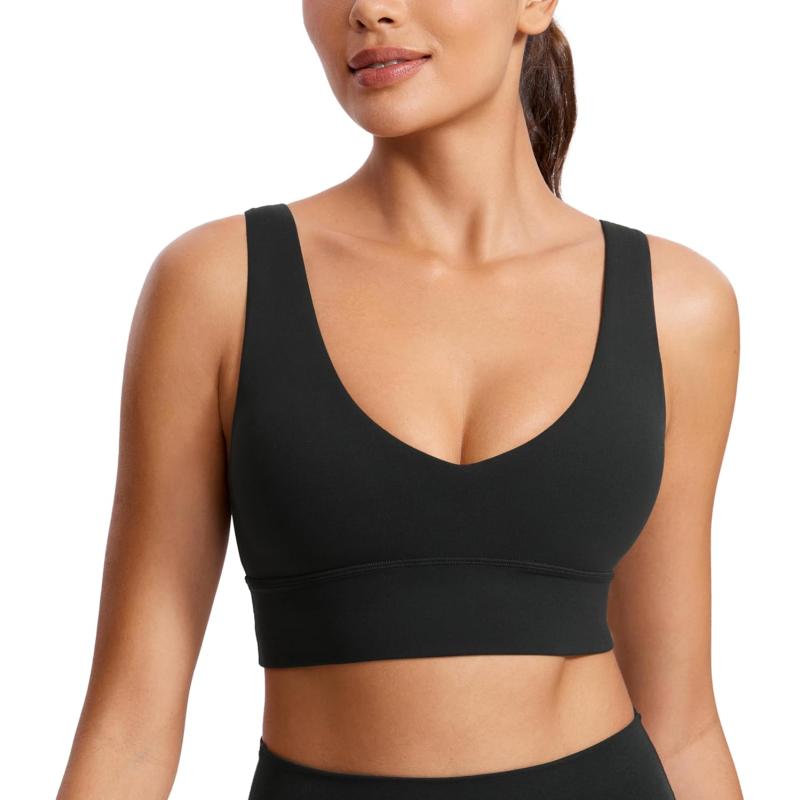CRZ YOGA Butterluxe Womens VNeck Longline Sports Bra  U Back Wireless Yoga Bra Low Impact Padded Crop TopBlack