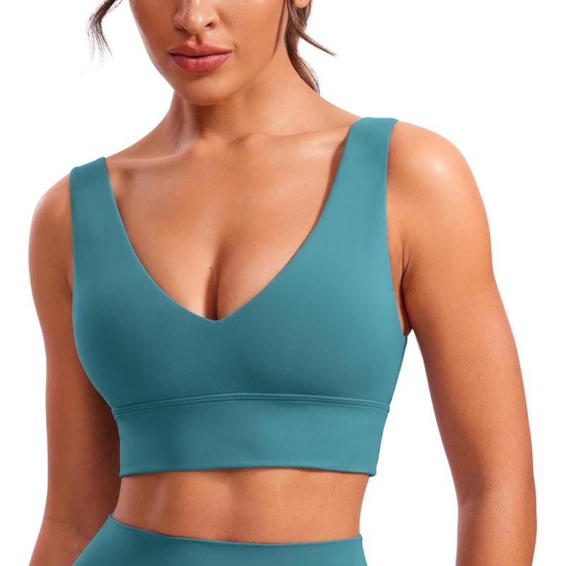 CRZ YOGA Butterluxe Womens VNeck Longline Sports Bra  U Back Wireless Yoga Bra Low Impact Padded Crop TopGreen Jade