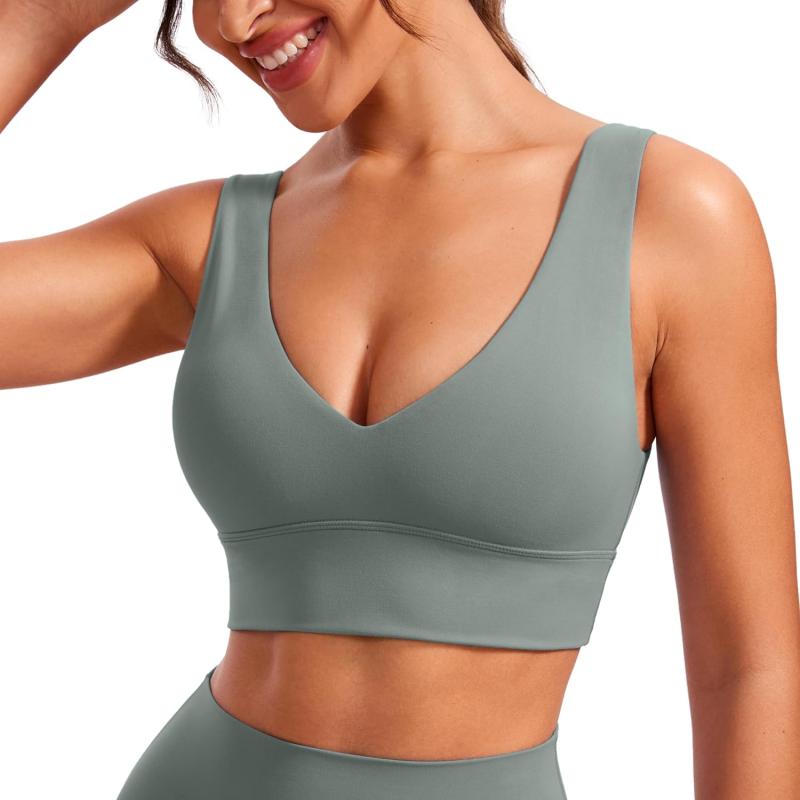 CRZ YOGA Butterluxe Womens VNeck Longline Sports Bra  U Back Wireless Yoga Bra Low Impact Padded Crop TopGrey Sage