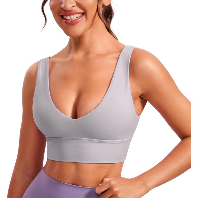 CRZ YOGA Butterluxe Womens VNeck Longline Sports Bra  U Back Wireless Yoga Bra Low Impact Padded Crop TopGull Gray