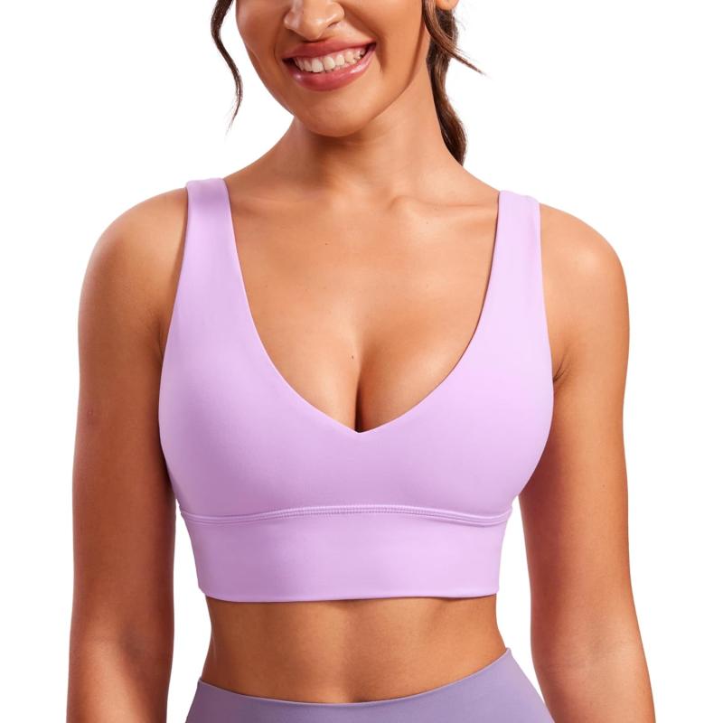CRZ YOGA Butterluxe Womens VNeck Longline Sports Bra  U Back Wireless Yoga Bra Low Impact Padded Crop TopLilac