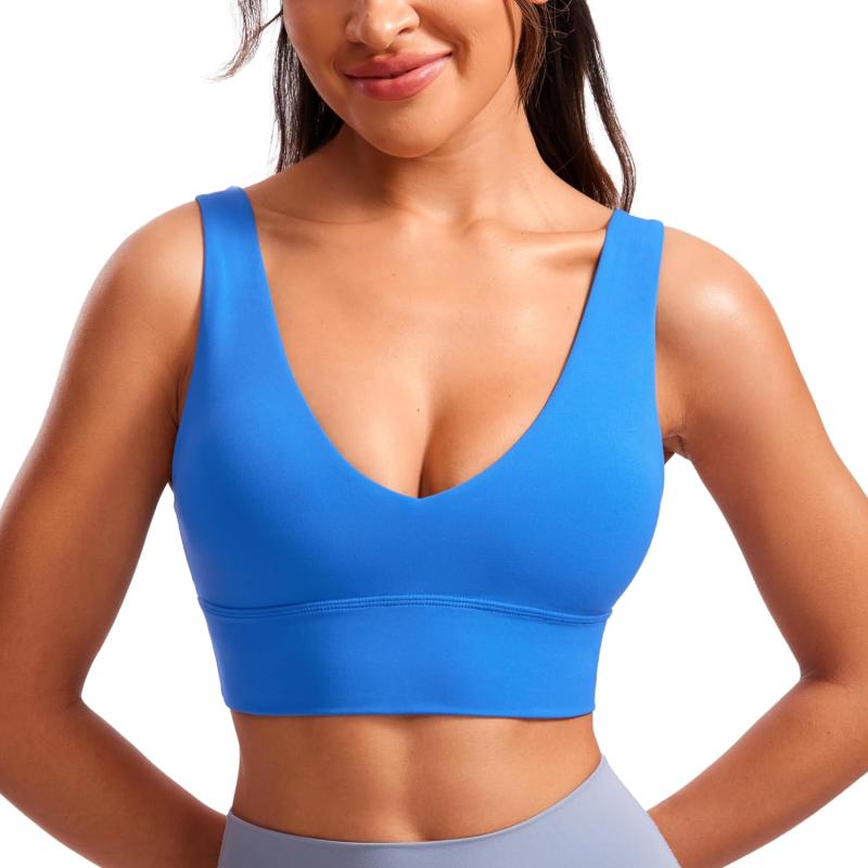 CRZ YOGA Butterluxe Womens VNeck Longline Sports Bra  U Back Wireless Yoga Bra Low Impact Padded Crop TopSparkle Blue
