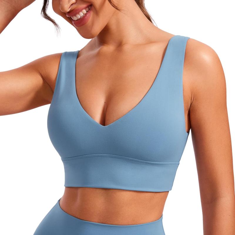 CRZ YOGA Butterluxe Womens VNeck Longline Sports Bra  U Back Wireless Yoga Bra Low Impact Padded Crop TopUniverse Blue