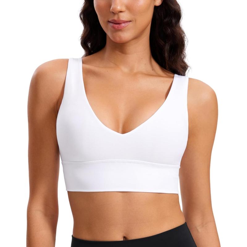 CRZ YOGA Butterluxe Womens VNeck Longline Sports Bra  U Back Wireless Yoga Bra Low Impact Padded Crop TopWhite