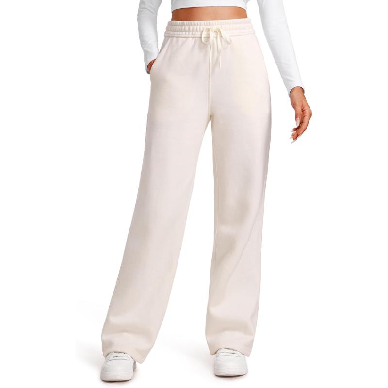CRZ YOGA Cotton Fleece Lined Sweatpants Women 30quot Straight Leg Casual Lounge Sweat Pants for WomenWhite Apricot