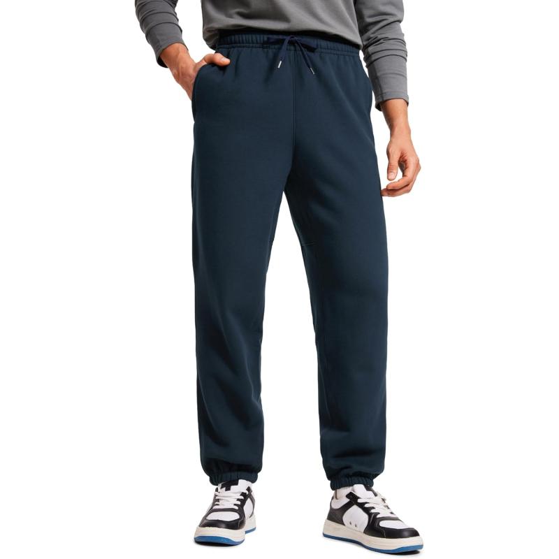CRZ YOGA Cotton Fleece Sweatpants for Men 32quot Loosed Fit Lounge Casual Elastic Bottom Sweat Pants with Zipper PocketsInk Blue