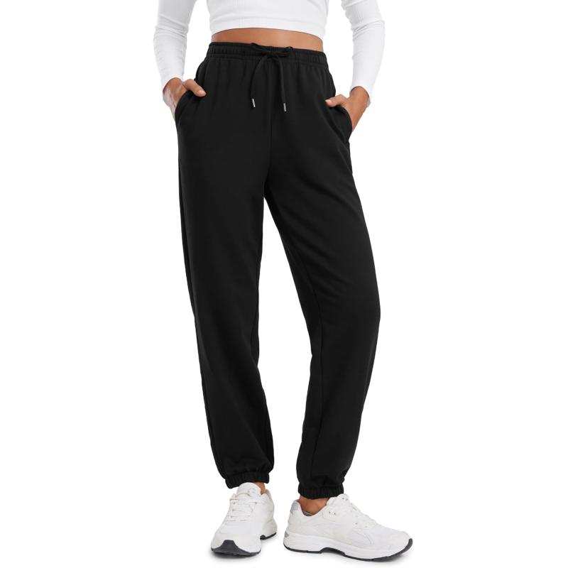 CRZ YOGA Fleece Sweatpants Women Cotton Joggers High Waisted Lounge Casual Travel Elastic Bottom Pants with PocketsBlack