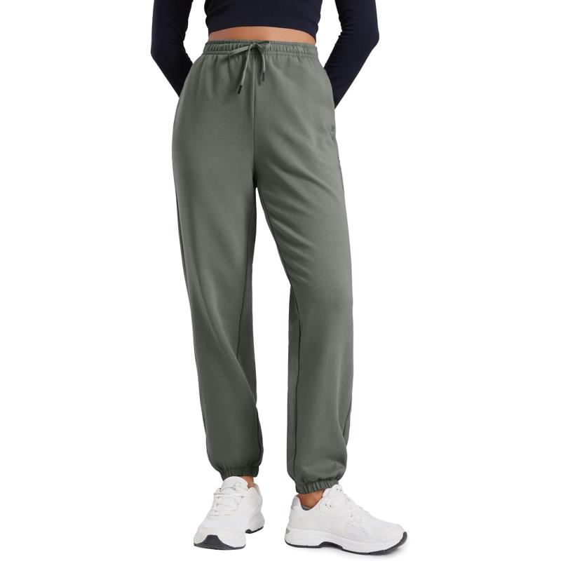 CRZ YOGA Fleece Sweatpants Women Cotton Joggers High Waisted Lounge Casual Travel Elastic Bottom Pants with PocketsGrey Sage