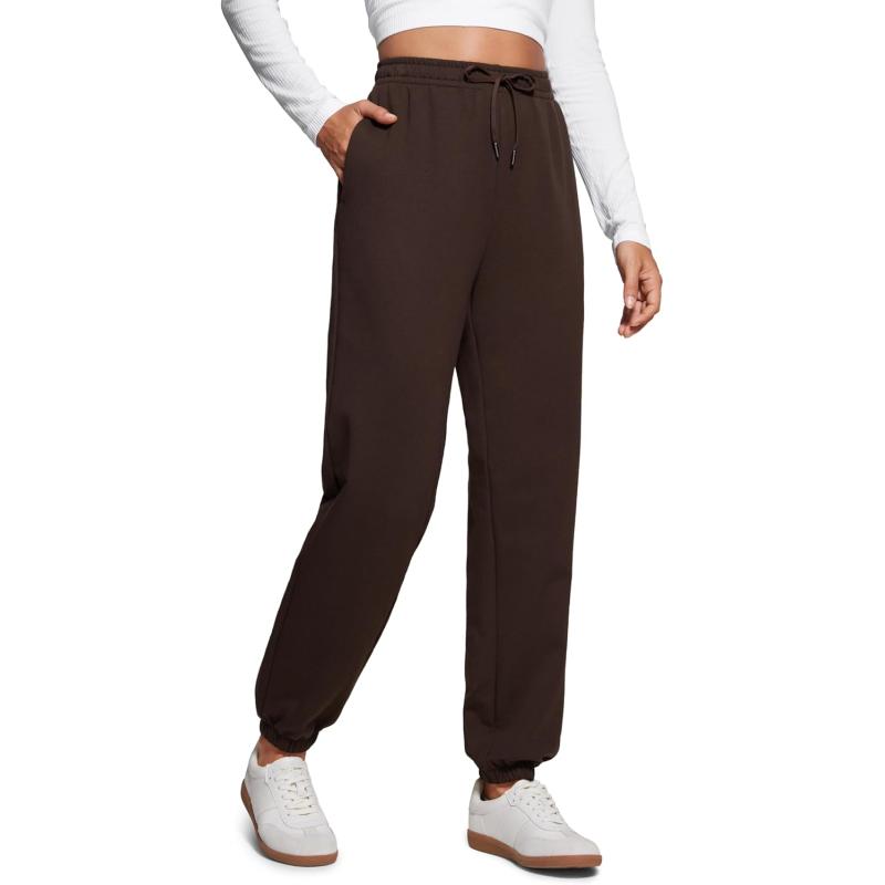 CRZ YOGA Fleece Sweatpants Women Cotton Joggers High Waisted Lounge Casual Travel Elastic Bottom Pants with PocketsHot Fudge Brown