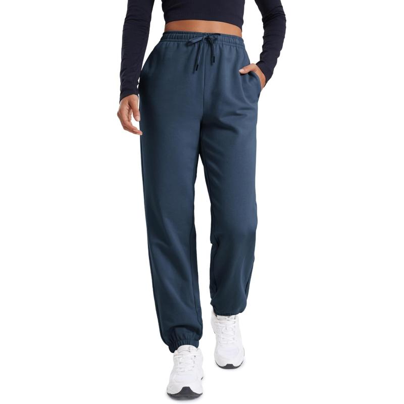 CRZ YOGA Fleece Sweatpants Women Cotton Joggers High Waisted Lounge Casual Travel Elastic Bottom Pants with PocketsInk Blue