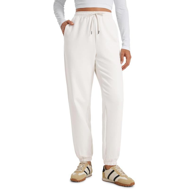 CRZ YOGA Fleece Sweatpants Women Cotton Joggers High Waisted Lounge Casual Travel Elastic Bottom Pants with PocketsMilky White Bone