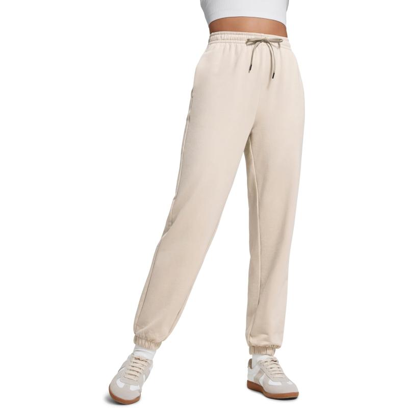 CRZ YOGA Fleece Sweatpants Women Cotton Joggers High Waisted Lounge Casual Travel Elastic Bottom Pants with PocketsMojave Tan