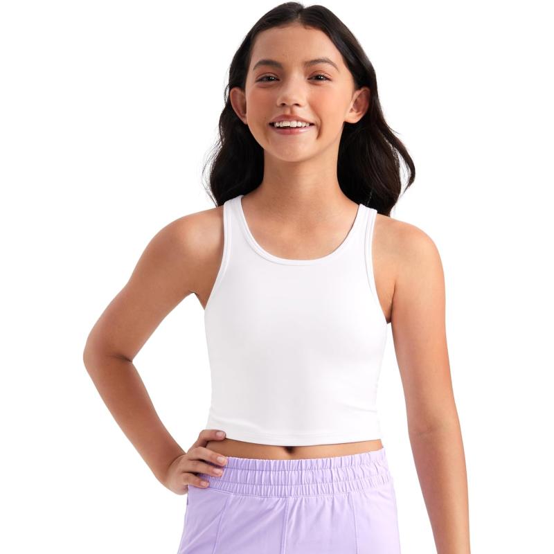 CRZ YOGA Girls Butterluxe Double Lined Tank Tops Crew Round Neck Racerback Teen Kid Workout Casual Dance Crop SleevelessWhite