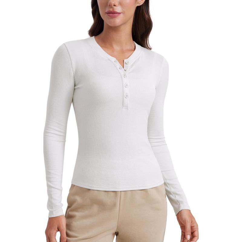 CRZ YOGA Long Sleeve Henley Shirts for Women Soft Casual Tight Tops Stretchy Knit Layering Basic Fitted Fall ShirtMilky White Bone