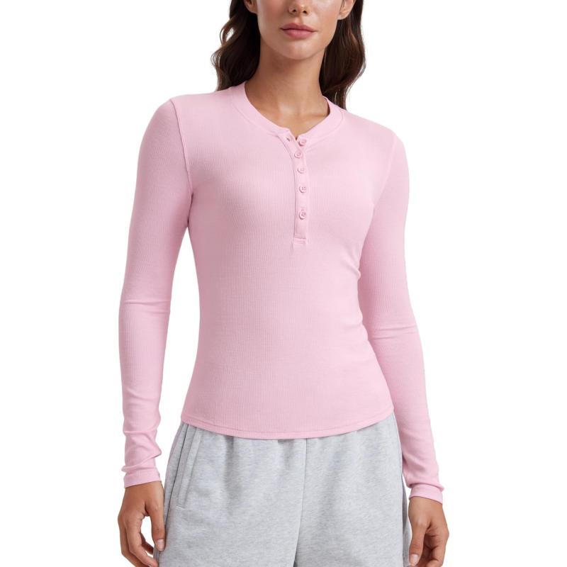 CRZ YOGA Long Sleeve Henley Shirts for Women Soft Casual Tight Tops Stretchy Knit Layering Basic Fitted Fall ShirtPink Peony