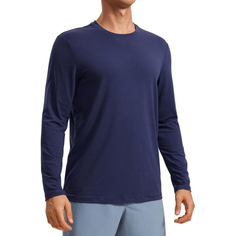 CRZ YOGA Mens Long Sleeve Basic Shirts Moisture Wicking Workout Tops Casual Crewneck Comfort Tee ShirtNight Sea Blue