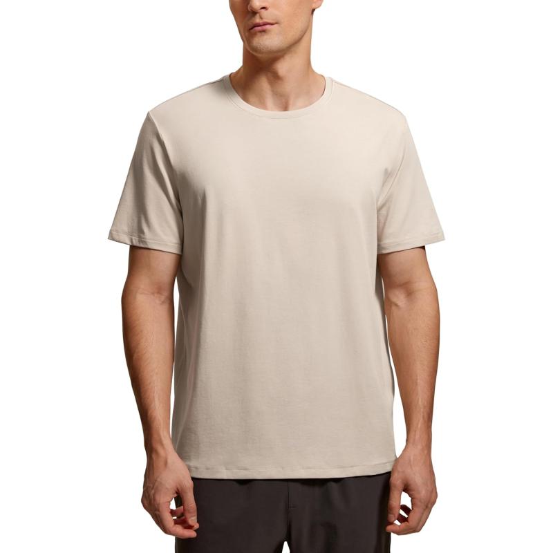 CRZ YOGA Mens Pima Cotton TShirts Short Sleeve Crew Neck Casual Shirts Breathable Workout Daily Tee TopsMojave Tan