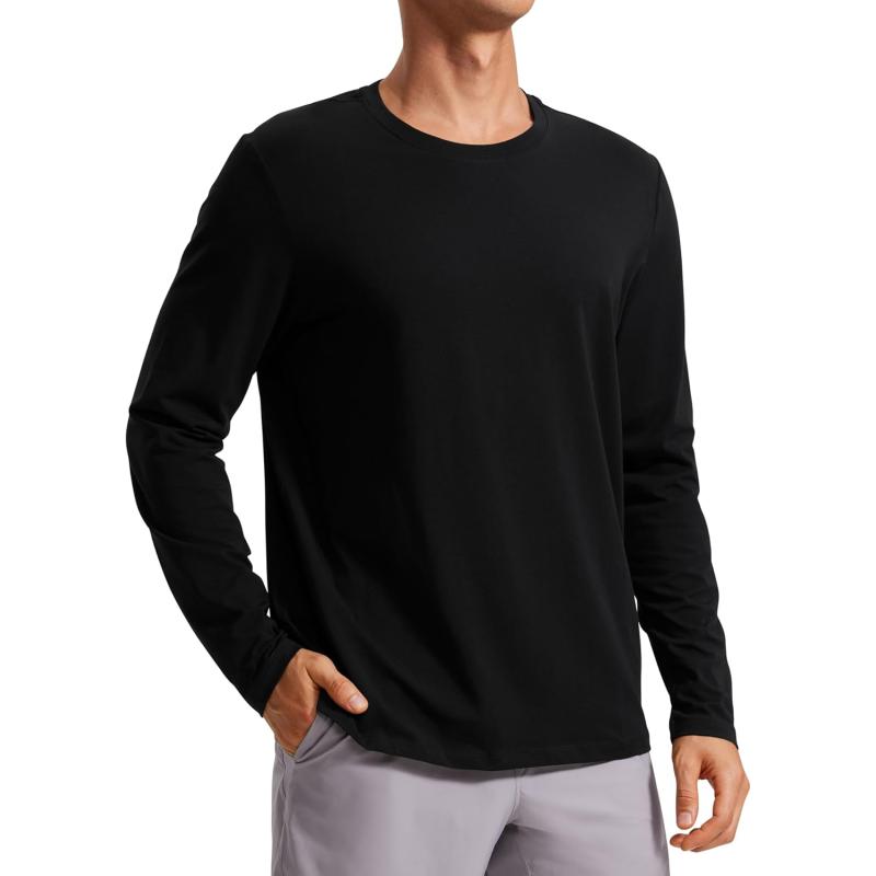 CRZ YOGA Pima Cotton Long Sleeve Shirts for Men Crew Neck Basic Casual Shirts Breathable Workout Comfort TopsBlack