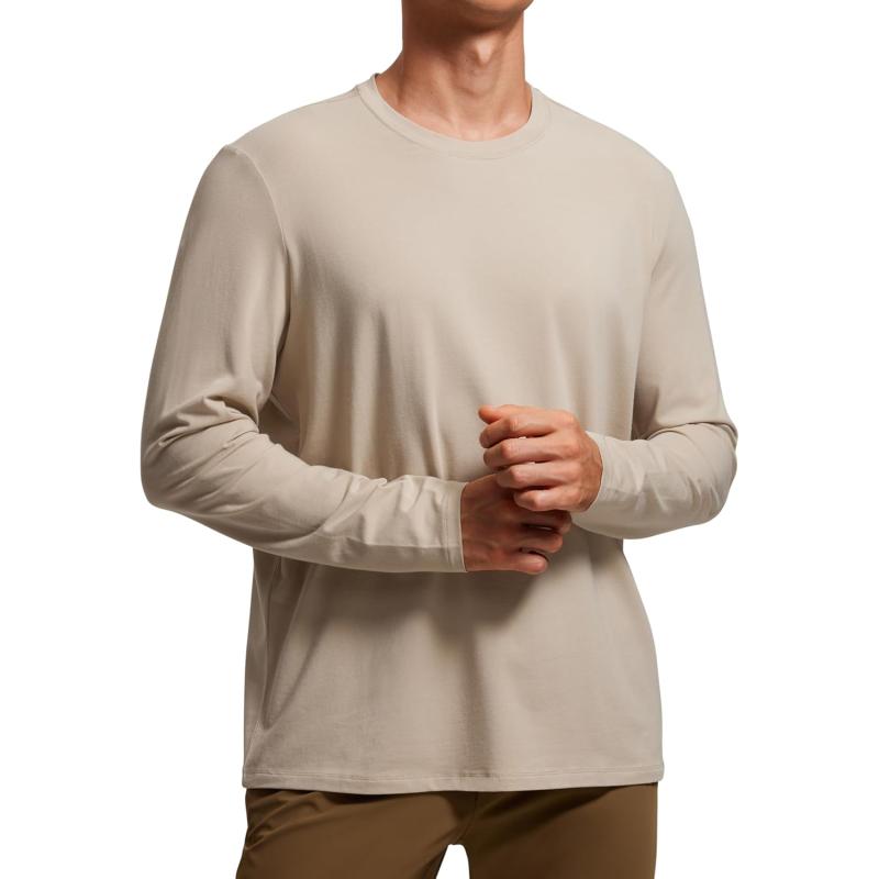 CRZ YOGA Pima Cotton Long Sleeve Shirts for Men Crew Neck Basic Casual Shirts Breathable Workout Comfort TopsMojave Tan