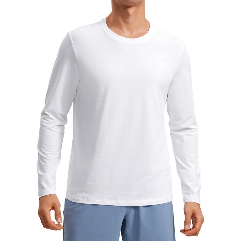 CRZ YOGA Pima Cotton Long Sleeve Shirts for Men Crew Neck Basic Casual Shirts Breathable Workout Comfort TopsWhite