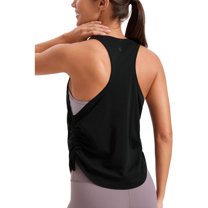 CRZ YOGA Pima Cotton Women Racerback Sleeveless Workout Tops High Neck Ruched Side Tank Top Athletic Casual Loose ShirtsBlack