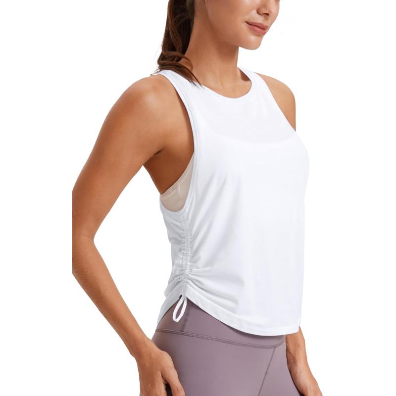 CRZ YOGA Pima Cotton Women Racerback Sleeveless Workout Tops High Neck Ruched Side Tank Top Athletic Casual Loose ShirtsWhite
