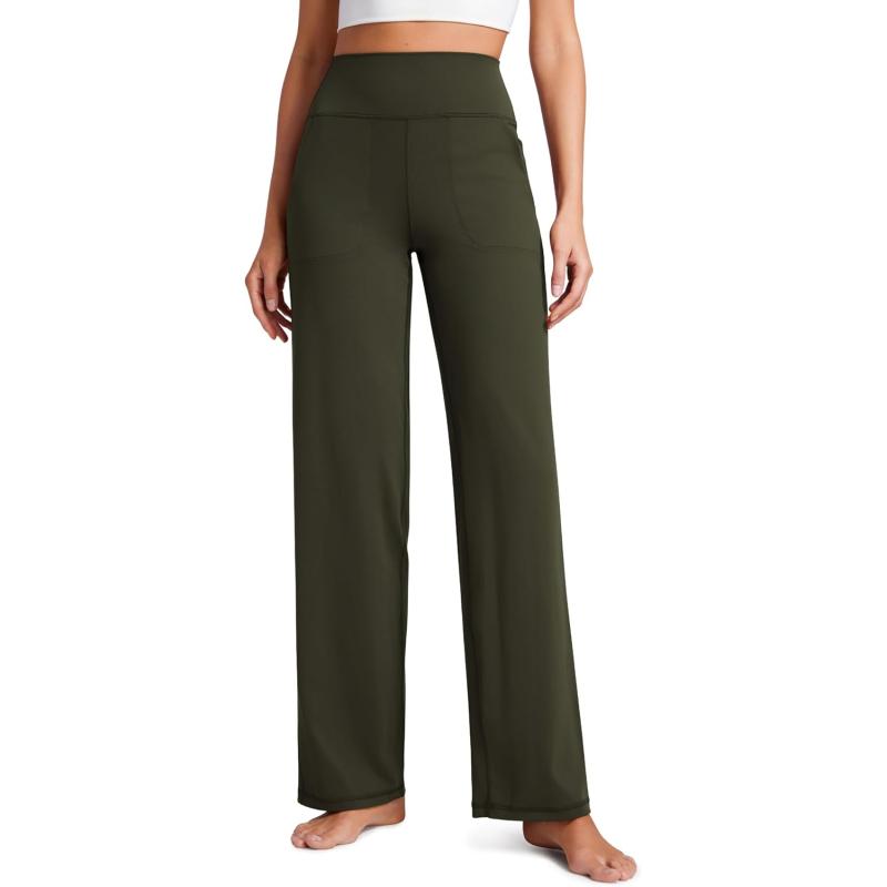 CRZ YOGA Womens Butterluxe High Waist Wide Leg Pants with Pockets 31quot  Buttery Soft Comfy Casual Yoga Lounge PantsOlive Green