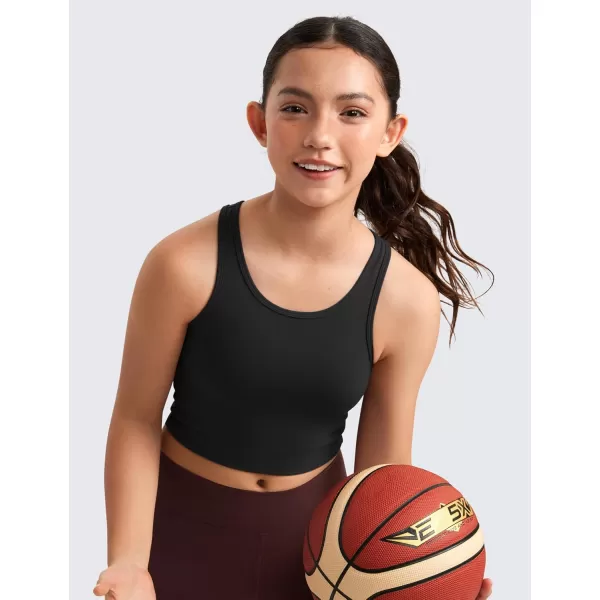 CRZ YOGA Girls Butterluxe Double Lined Tank Tops Crew Round Neck Racerback Teen Kid Workout Casual Dance Crop SleevelessBlack
