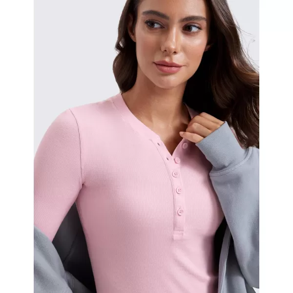 CRZ YOGA Long Sleeve Henley Shirts for Women Soft Casual Tight Tops Stretchy Knit Layering Basic Fitted Fall ShirtPink Peony