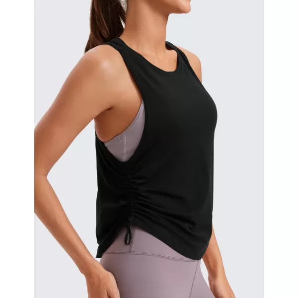 CRZ YOGA Pima Cotton Women Racerback Sleeveless Workout Tops High Neck Ruched Side Tank Top Athletic Casual Loose ShirtsBlack