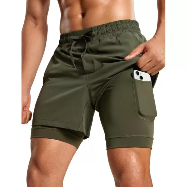 CRZ YOGA 2 in 1 Mens Athletic Shorts 5 with Liner Quick Dry Lightweight Running Sports Gym Shorts with PocketsDark Olive