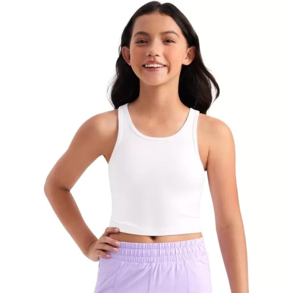 CRZ YOGA Girls Butterluxe Double Lined Tank Tops Crew Round Neck Racerback Teen Kid Workout Casual Dance Crop SleevelessWhite