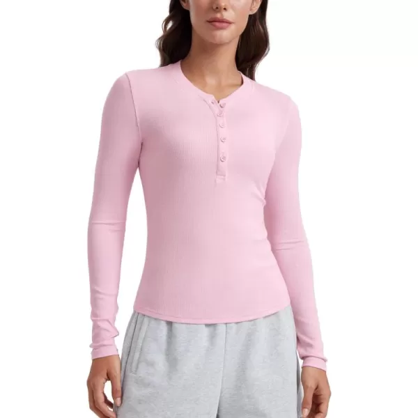CRZ YOGA Long Sleeve Henley Shirts for Women Soft Casual Tight Tops Stretchy Knit Layering Basic Fitted Fall ShirtPink Peony
