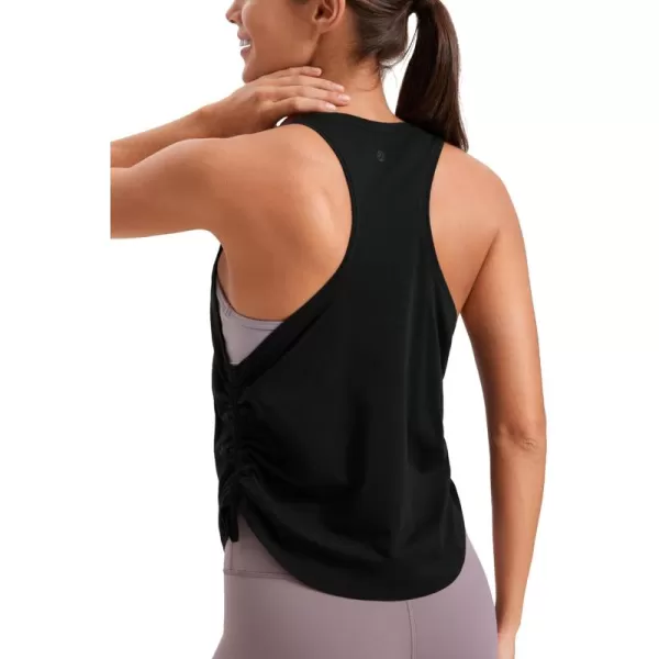 CRZ YOGA Pima Cotton Women Racerback Sleeveless Workout Tops High Neck Ruched Side Tank Top Athletic Casual Loose ShirtsBlack