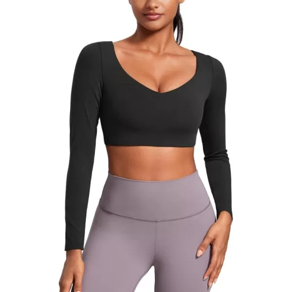 imageCRZ YOGA Butterluxe Double Lined Long Sleeve Yoga Shirts for Women V Neck Cropped Casual Shirt Tight Crop Fitted TopsBlack