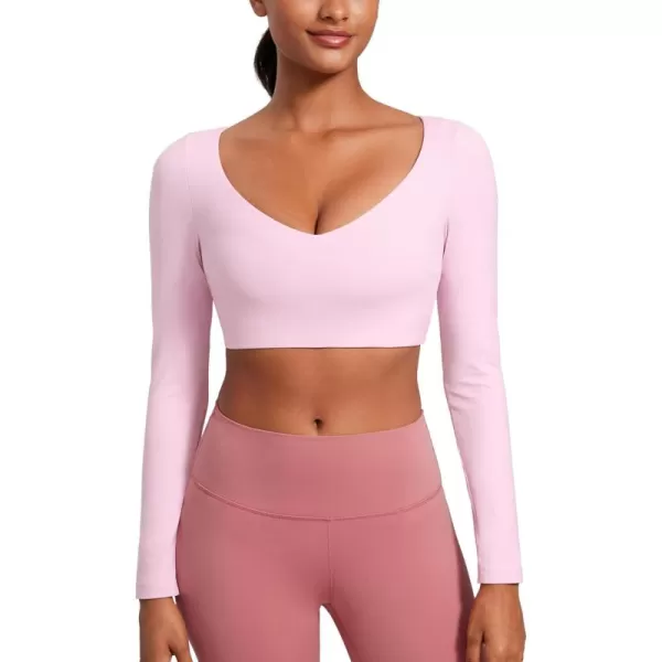 imageCRZ YOGA Butterluxe Double Lined Long Sleeve Yoga Shirts for Women V Neck Cropped Casual Shirt Tight Crop Fitted TopsPink Peony