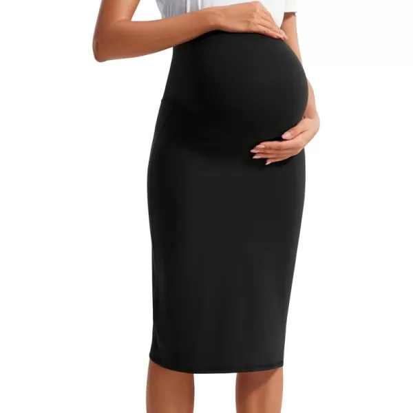 imageCRZ YOGA Womens Butterluxe Maternity Skirts Over The Belly Midi Stretchy Casual Pregnancy Skirt with Slit Golf WorkBlack