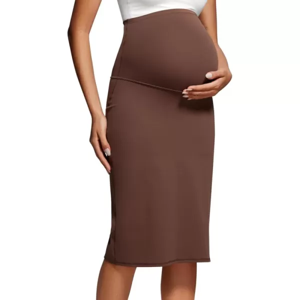 imageCRZ YOGA Womens Butterluxe Maternity Skirts Over The Belly Midi Stretchy Casual Pregnancy Skirt with Slit Golf WorkCoffee Brown