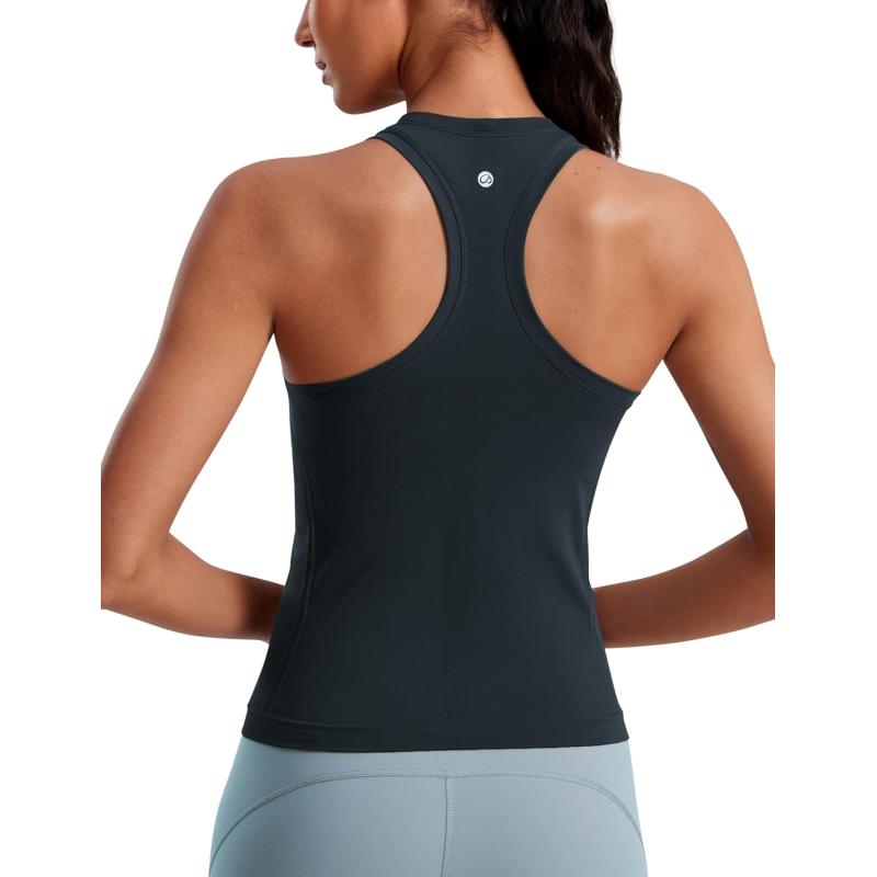 imageCRZ YOGA Seamless Womens Tank Tops Racerback Breathable Workout Sleeveless Top High Neck Running Athletic ShirtsTrue Navy